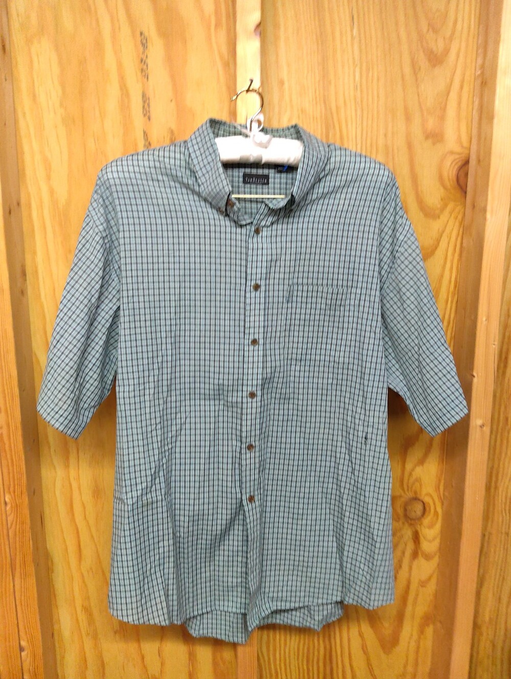 Van Heusen Shirt Mens XL Short Sleeve Button Down Plaid Sage Light Blue Green
